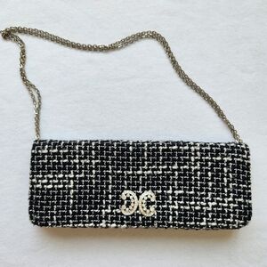 Cache Tweed Shoulder Bag Clutch Black White Silver Chain Sparkle Chic Elegant